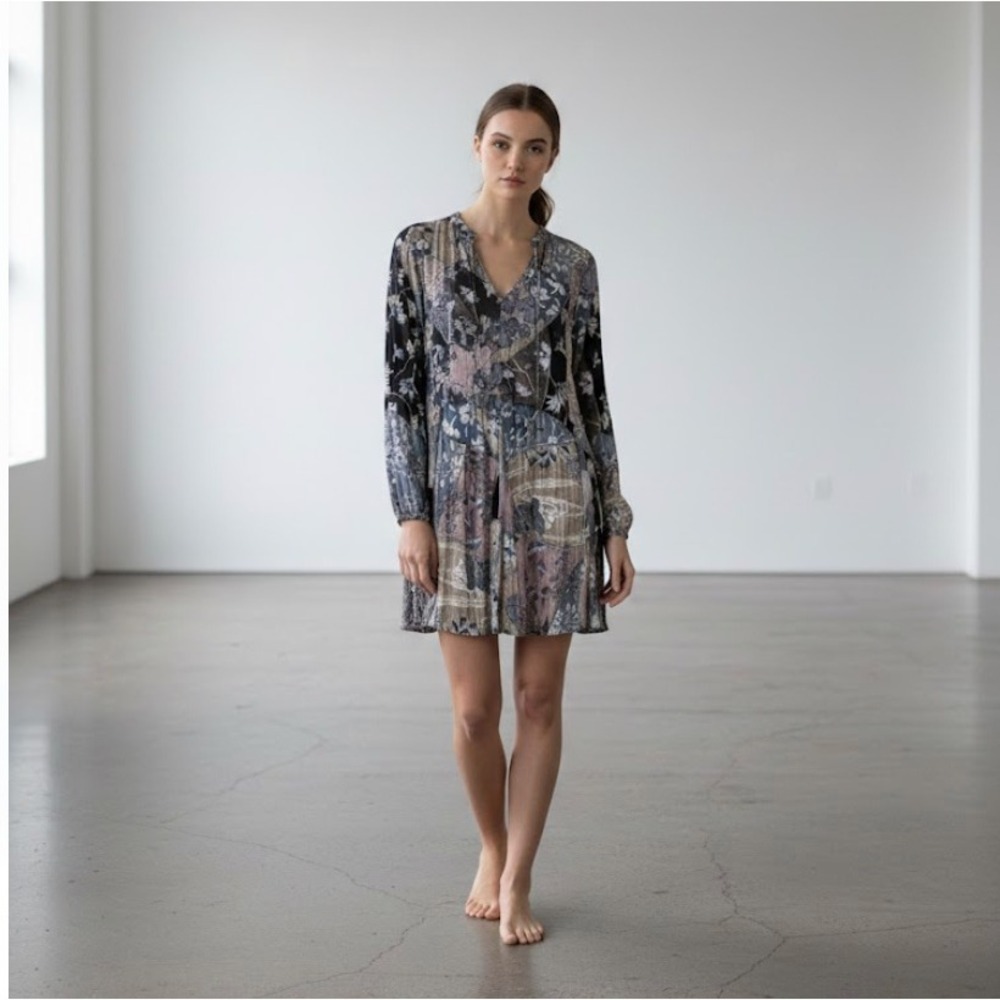 Y2K 90s Vintage STARINA Patchwork‎ Floral Long Sleeve Mini Dress Medium